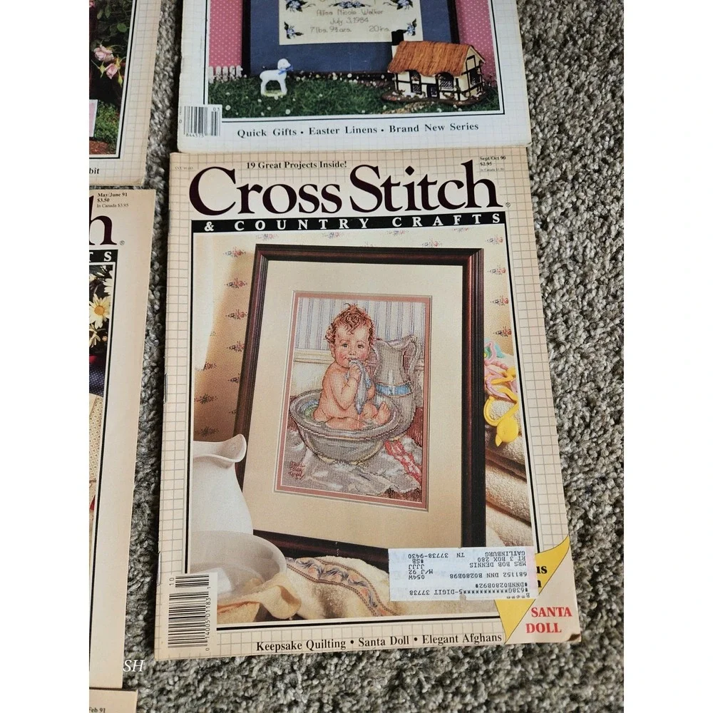 Lot of 7 Cross Stitch & Country Crafts Magazines 1986-1991 Vintage Patterns